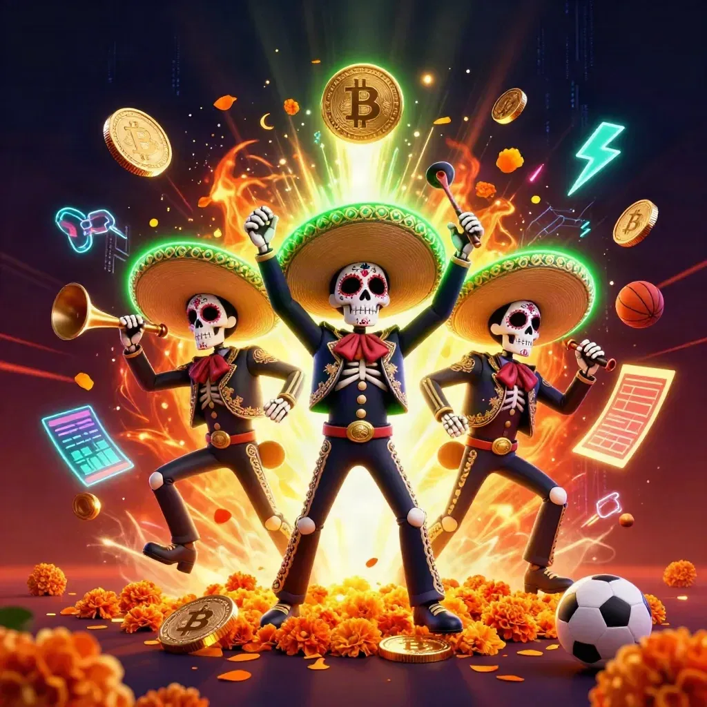 Skeleton mariachi trio with neon coins, sports balls, and a glowing betting slip in dramatic casino art.