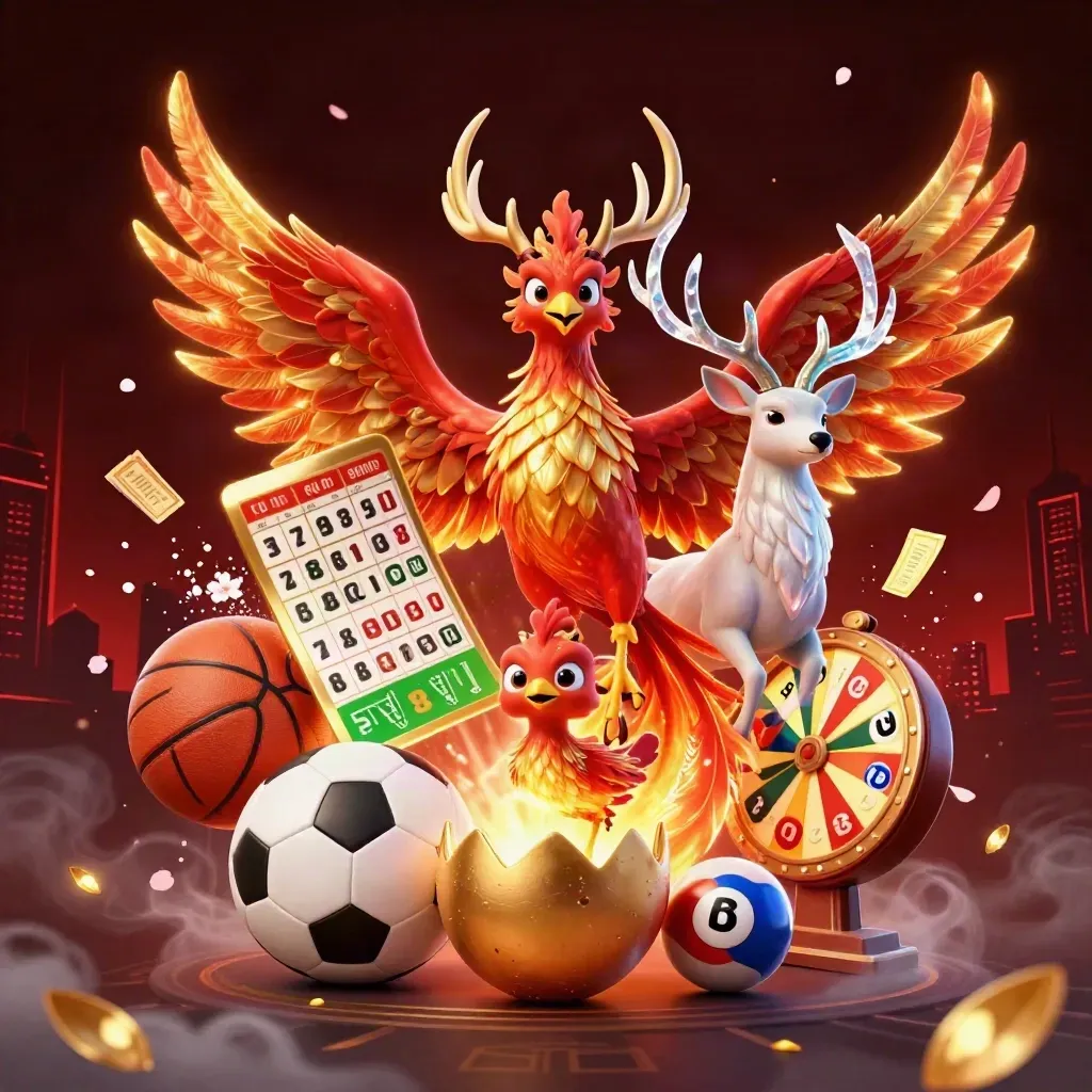 Phoenix, stag, and lottery-style casino elements burst in a dramatic ground-level fantasy key art scene.