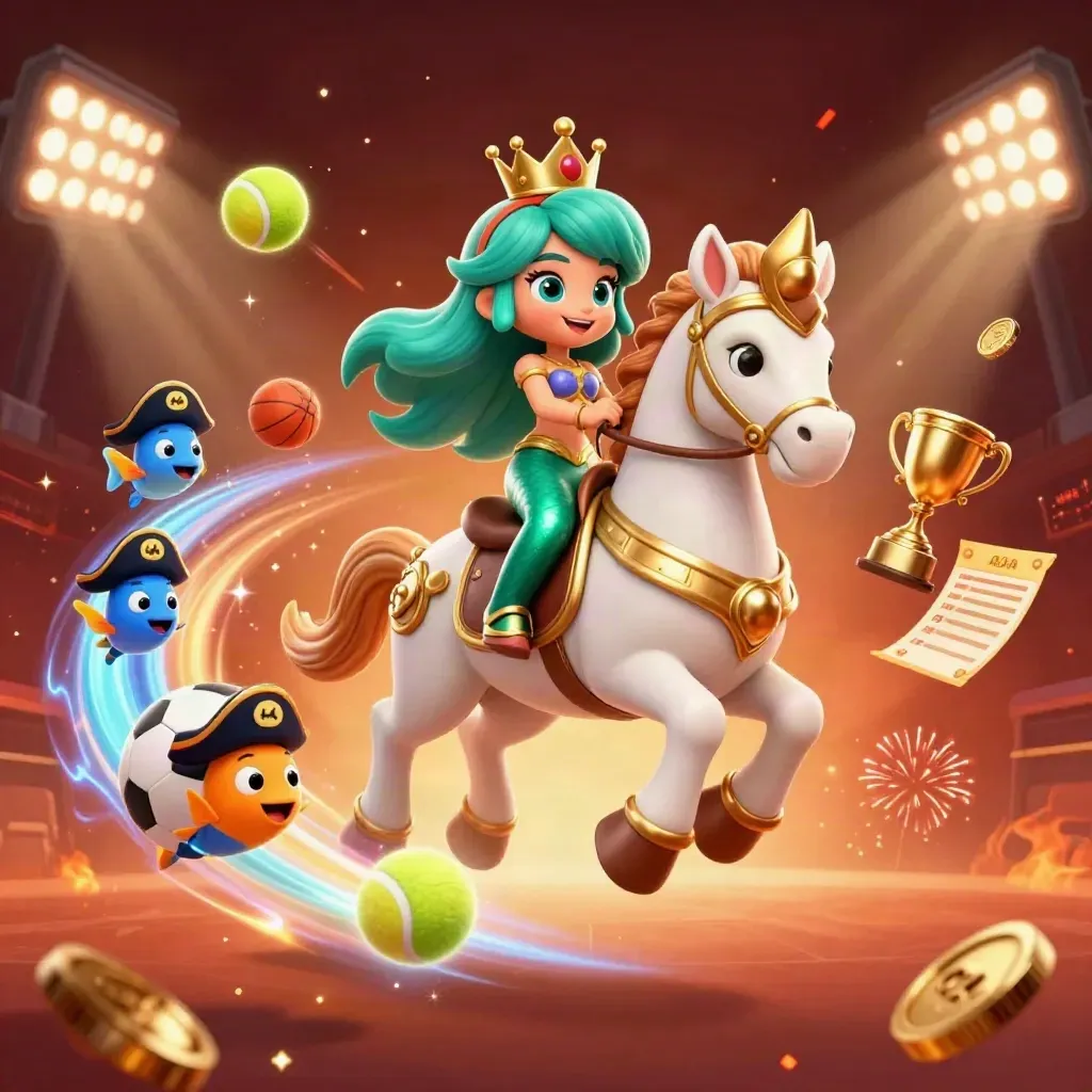 Mermaid princess rides a gold seahorse with pirate fish, sports balls and casino lights.
