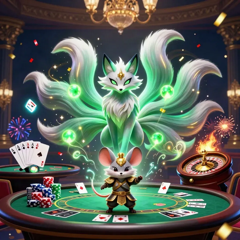 Neon fox spirit and samurai mouse in a lavish casino room with cards, chips, roulette, and golden light.