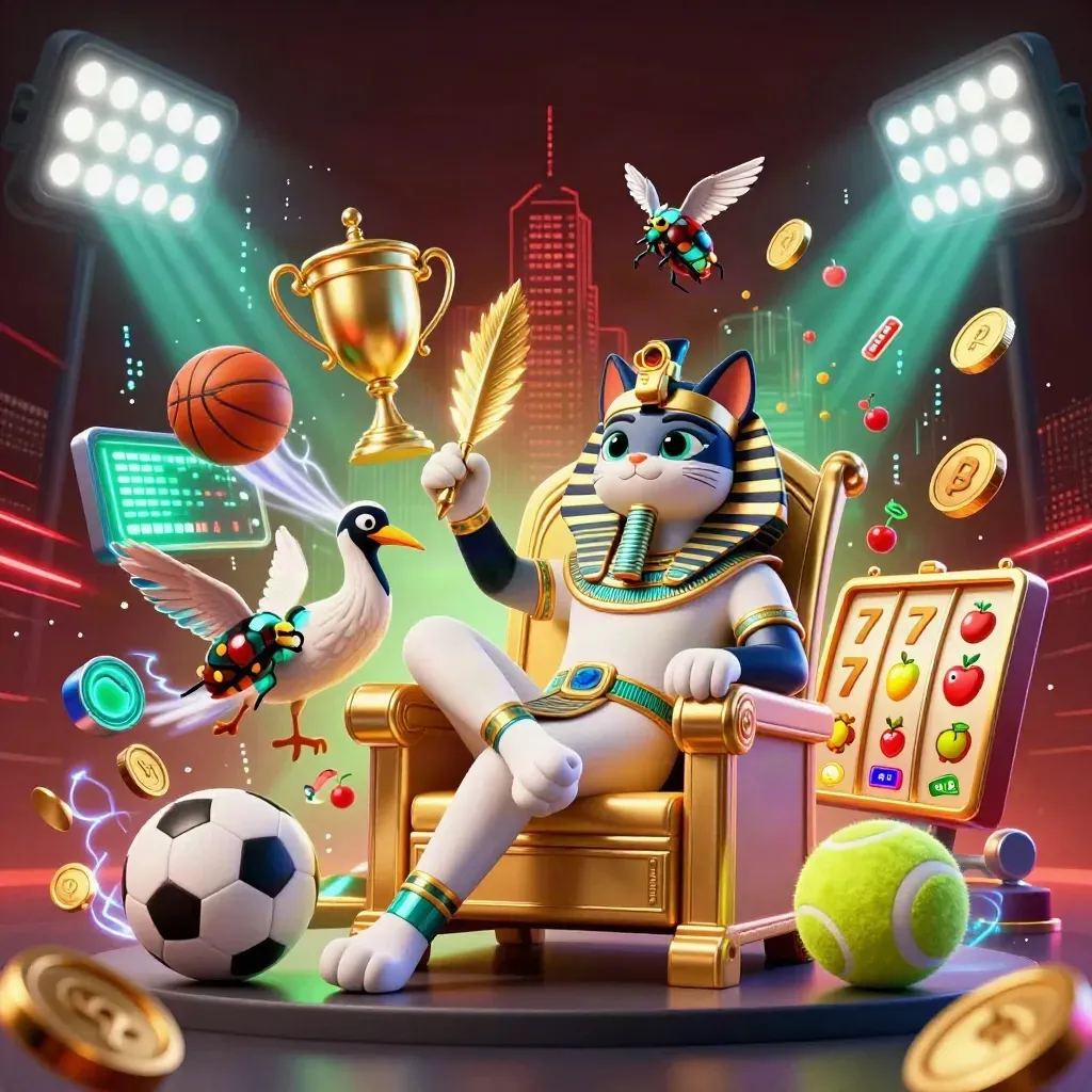 Pharaoh cat on gold throne with ibis scribe, gem scarabs, sports balls and neon casino energy