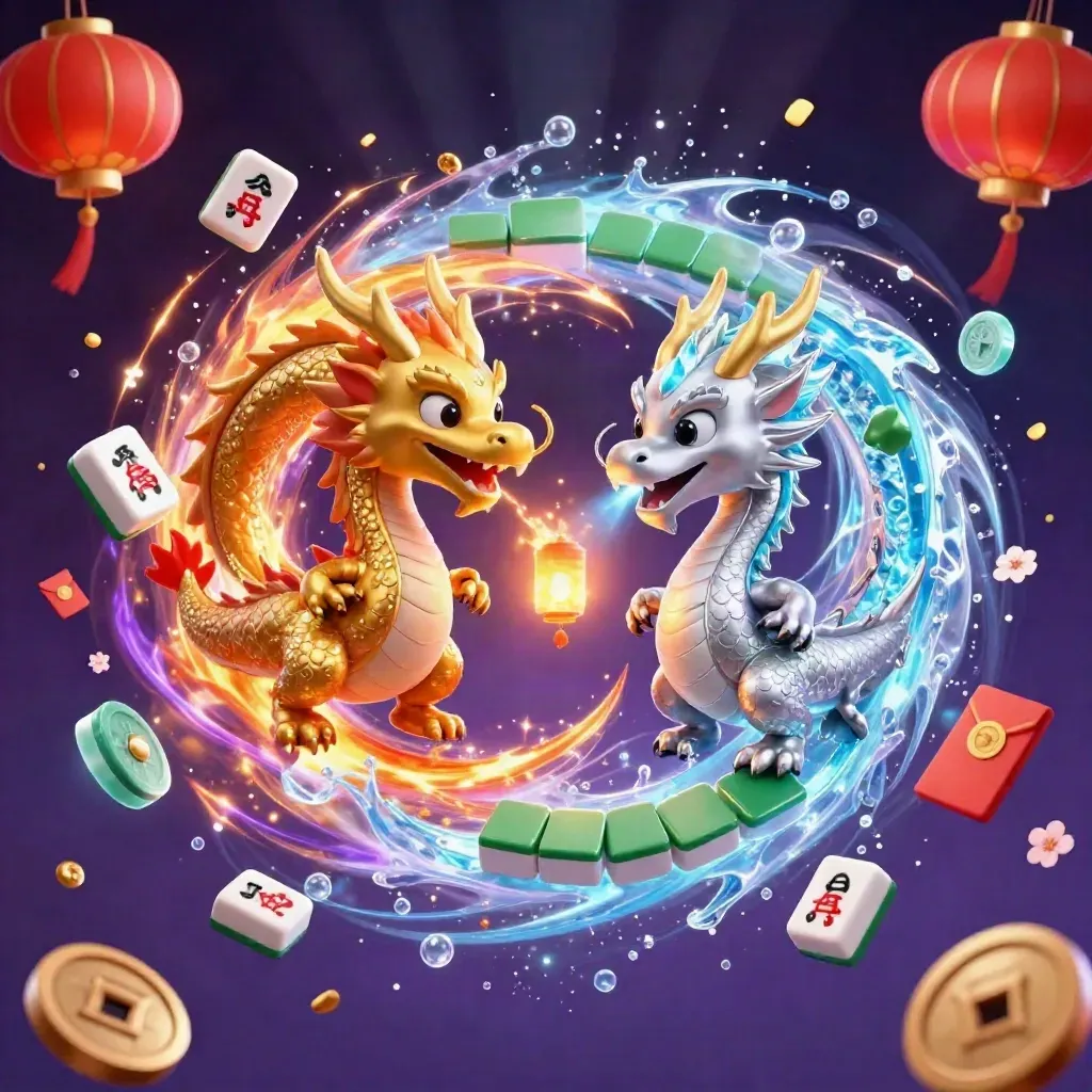Gold and silver dragons spiral around a lantern spirit amid coins, petals and magical glow.