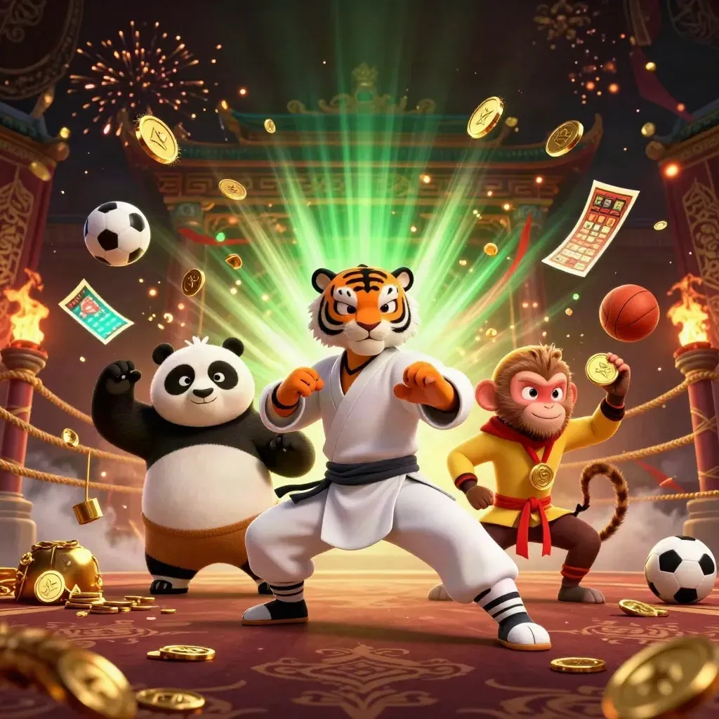 Kung-fu tiger, panda, and monkey amid bursting coins, temple gates, fireworks, and sports props.