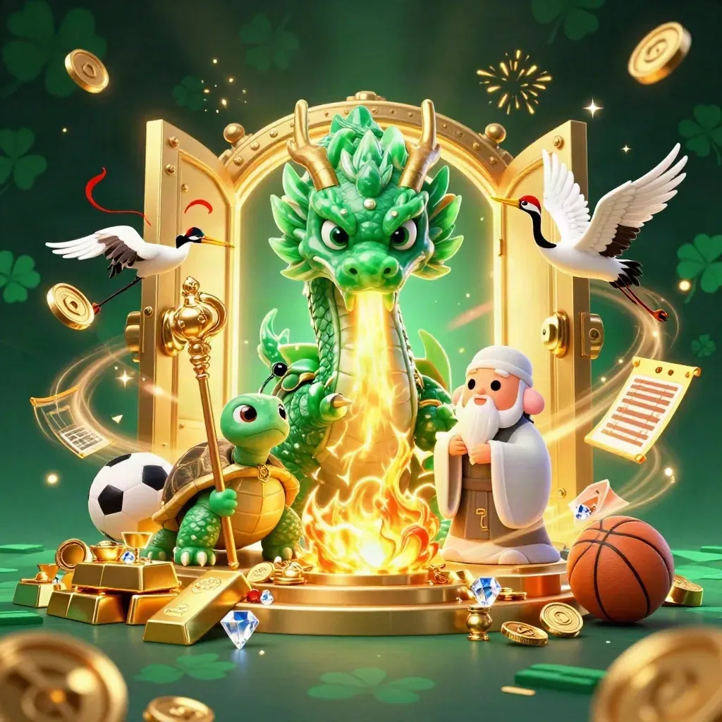 Dragon, turtle sage, and cranes burst from a gold vault with coins, fireworks, and sports props