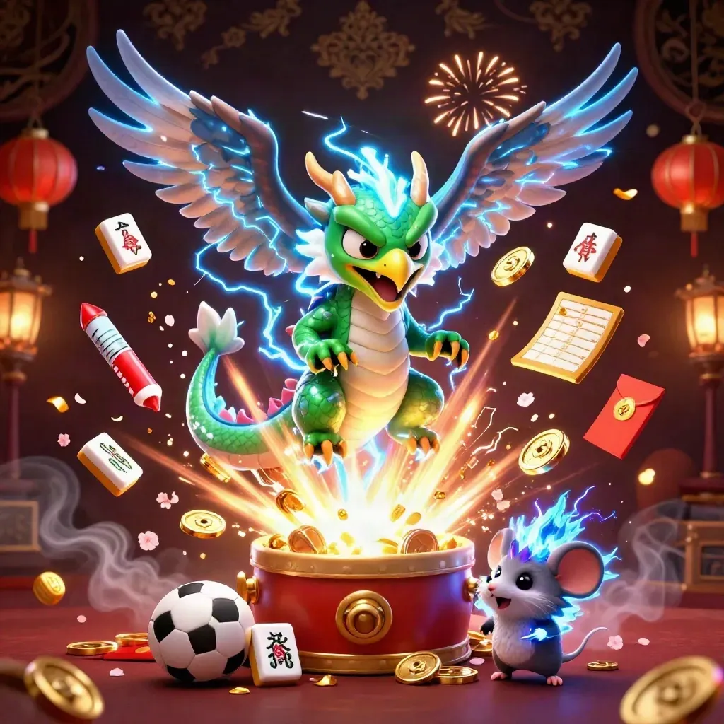 Thunder dragon, wind hawk and mouse amid gold coins, fireworks, lanterns and casino symbols