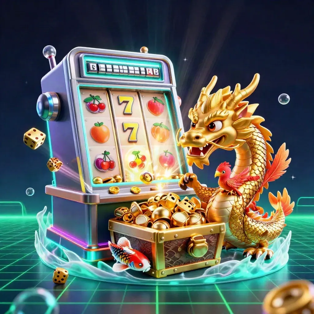 Golden dragon, phoenix, koi and slot reels exploding in neon casino light